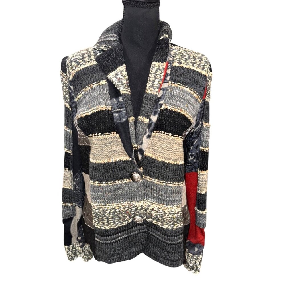 LULU H Womens M Patchwork Chunky Knit Blazer Jacket Wool Blend Boho Artsy Money